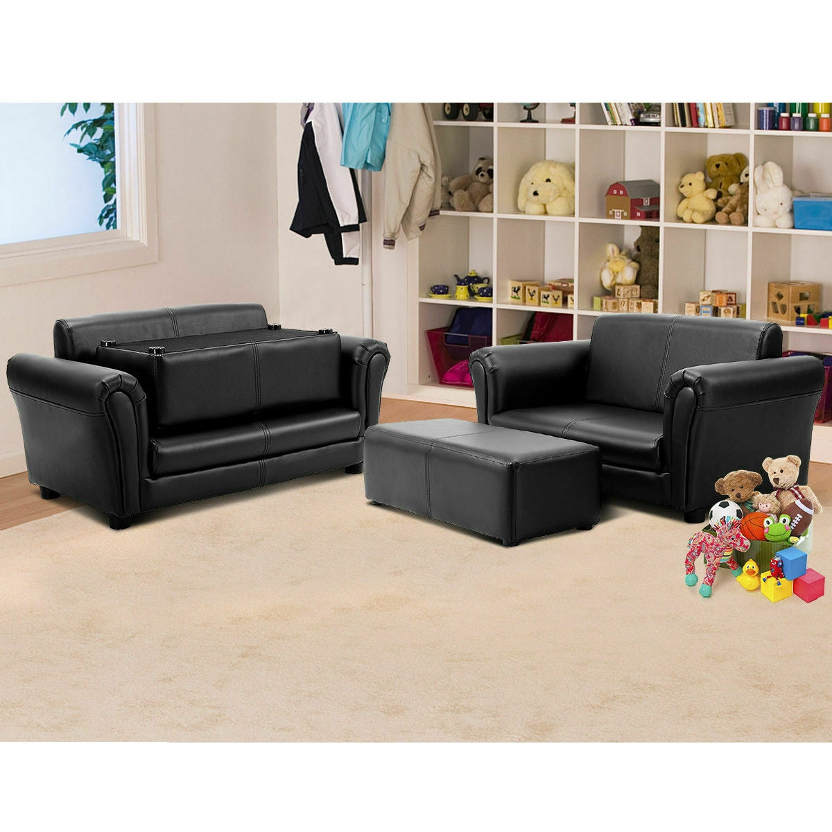 Black/White Kids Double Sofa with Ottoman, Black Kids Chairs & Seating   at Gallery Canada