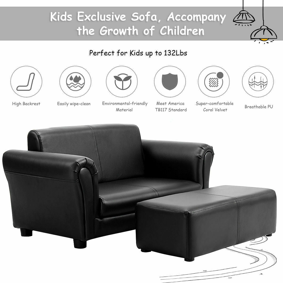 Black/White Kids Double Sofa with Ottoman, Black Kids Chairs & Seating   at Gallery Canada