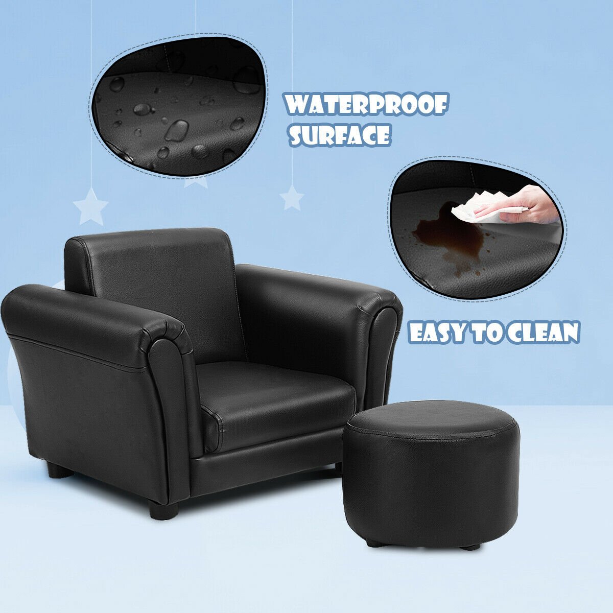 Black Kids Single Armrest Couch Sofa with Ottoman, Black Kids Chairs & Seating   at Gallery Canada