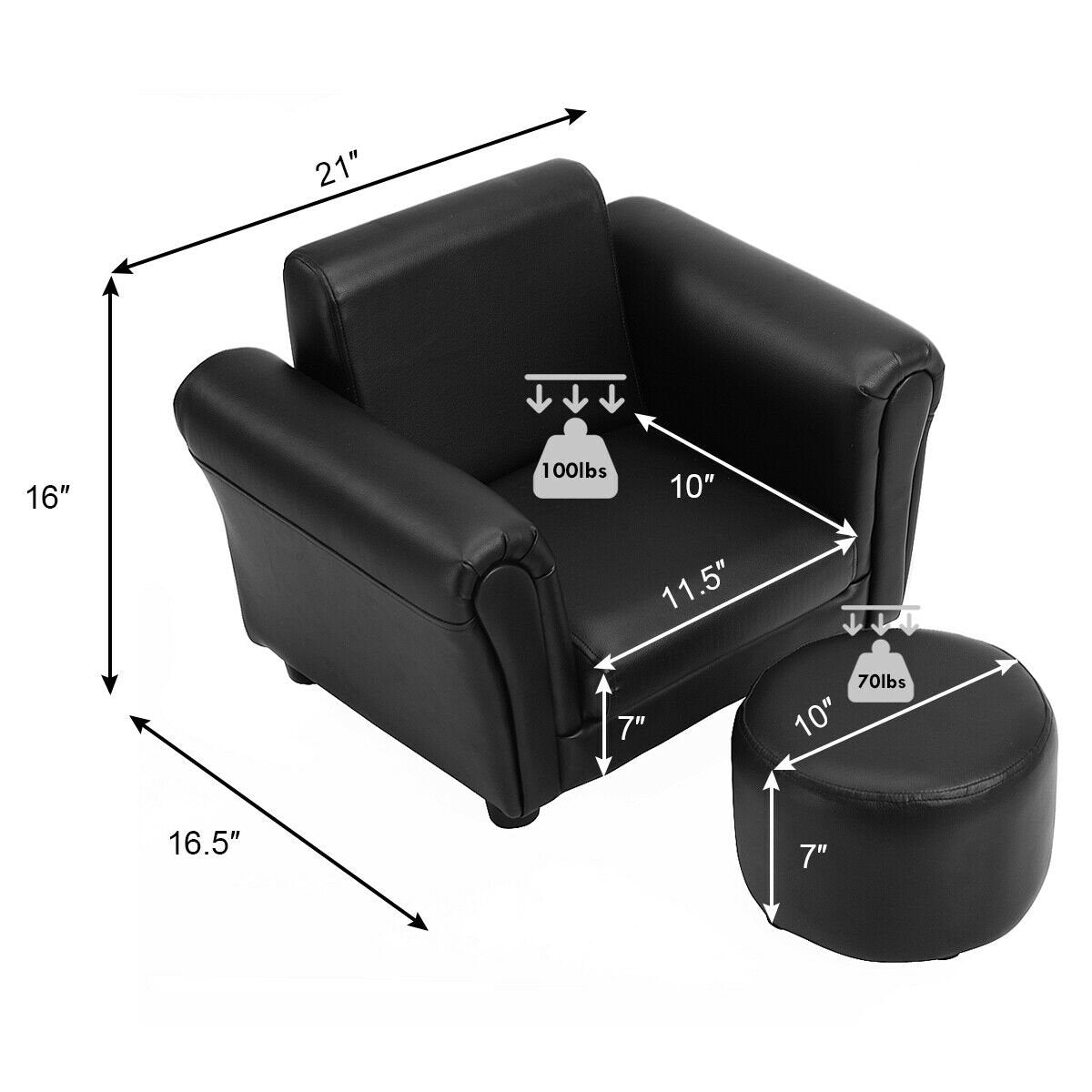 Black Kids Single Armrest Couch Sofa with Ottoman, Black Kids Chairs & Seating   at Gallery Canada