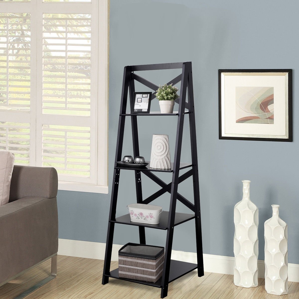 4-Tier Ladder Space-saving Bookshelf, Black Bookcases   at Gallery Canada