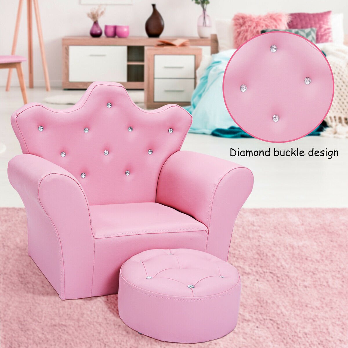 Children Upholstered Princess Sofa with Ottoman and Diamond Decoration for Boys and Girls, Pink Kids Chairs & Seating   at Gallery Canada