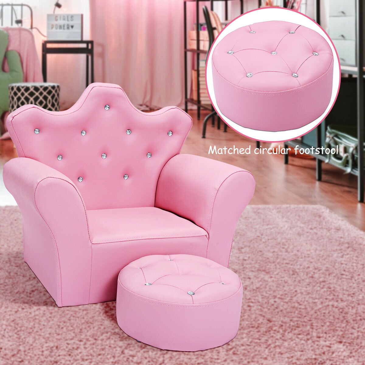 Children Upholstered Princess Sofa with Ottoman and Diamond Decoration for Boys and Girls, Pink Kids Chairs & Seating   at Gallery Canada