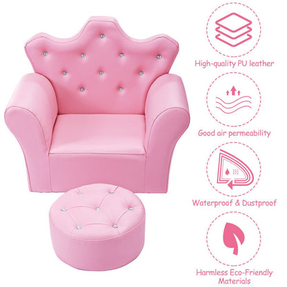 Children Upholstered Princess Sofa with Ottoman and Diamond Decoration for Boys and Girls, Pink Kids Chairs & Seating   at Gallery Canada