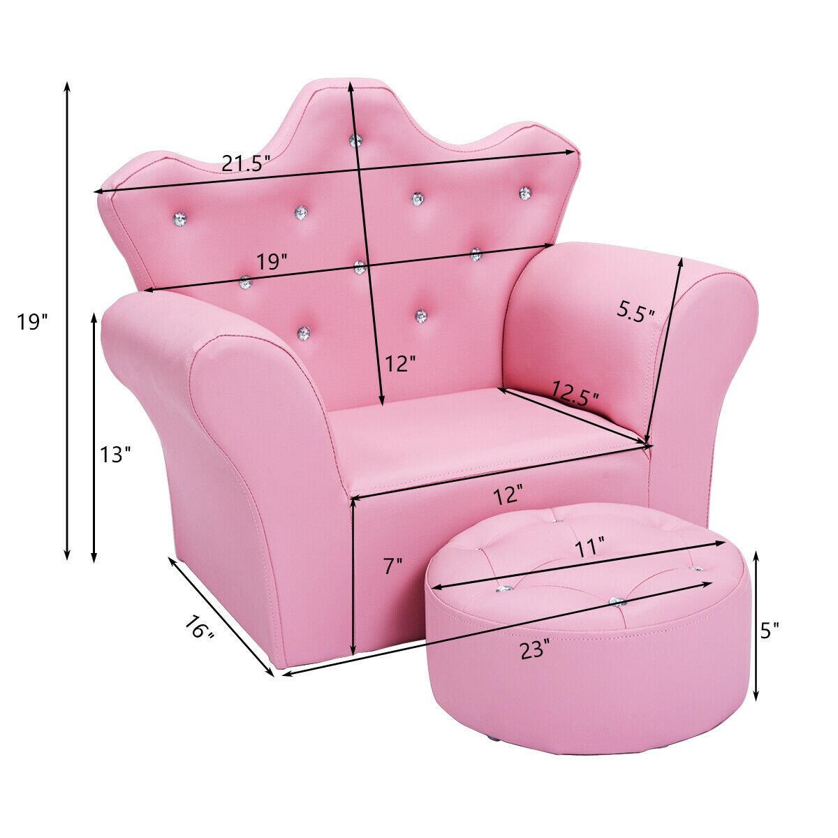 Children Upholstered Princess Sofa with Ottoman and Diamond Decoration for Boys and Girls, Pink Kids Chairs & Seating   at Gallery Canada