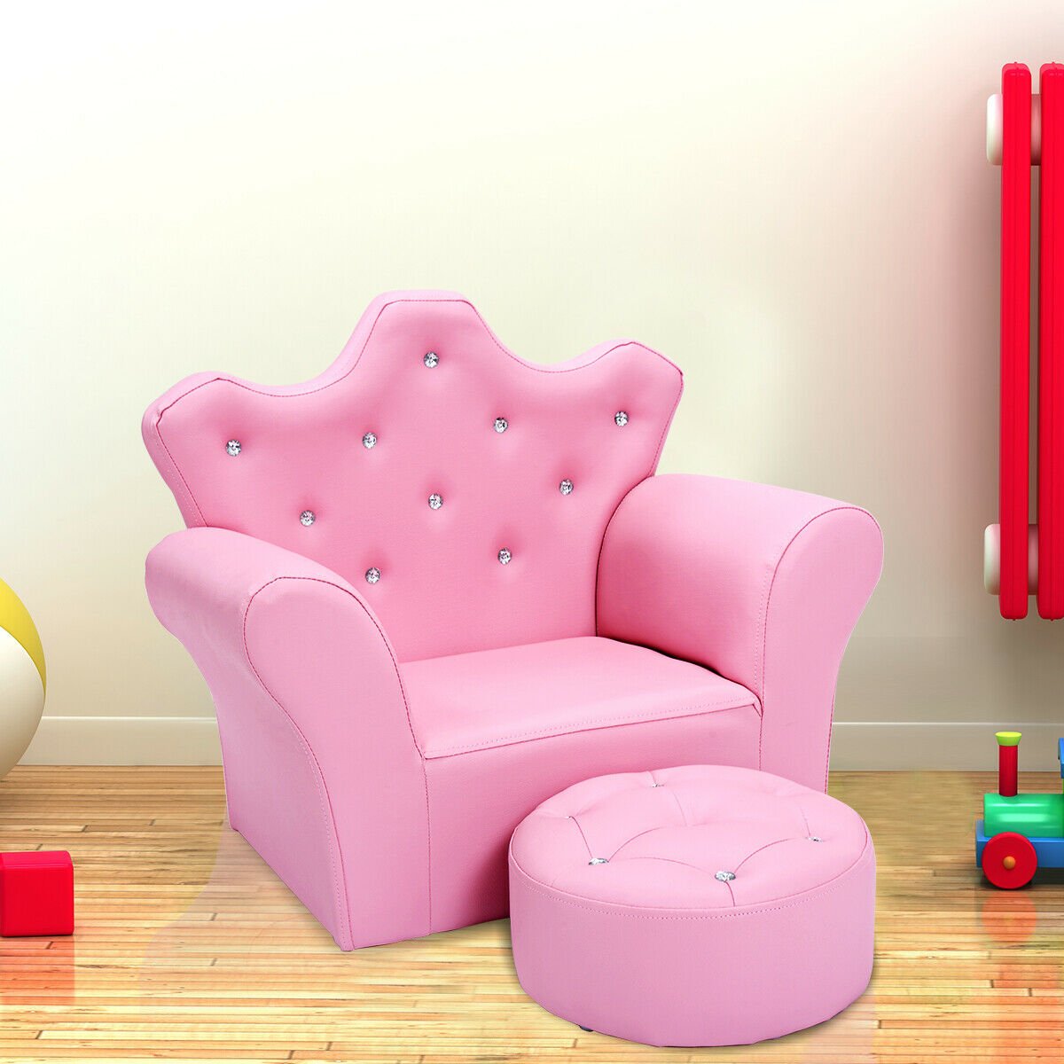 Children Upholstered Princess Sofa with Ottoman and Diamond Decoration for Boys and Girls, Pink Kids Chairs & Seating   at Gallery Canada