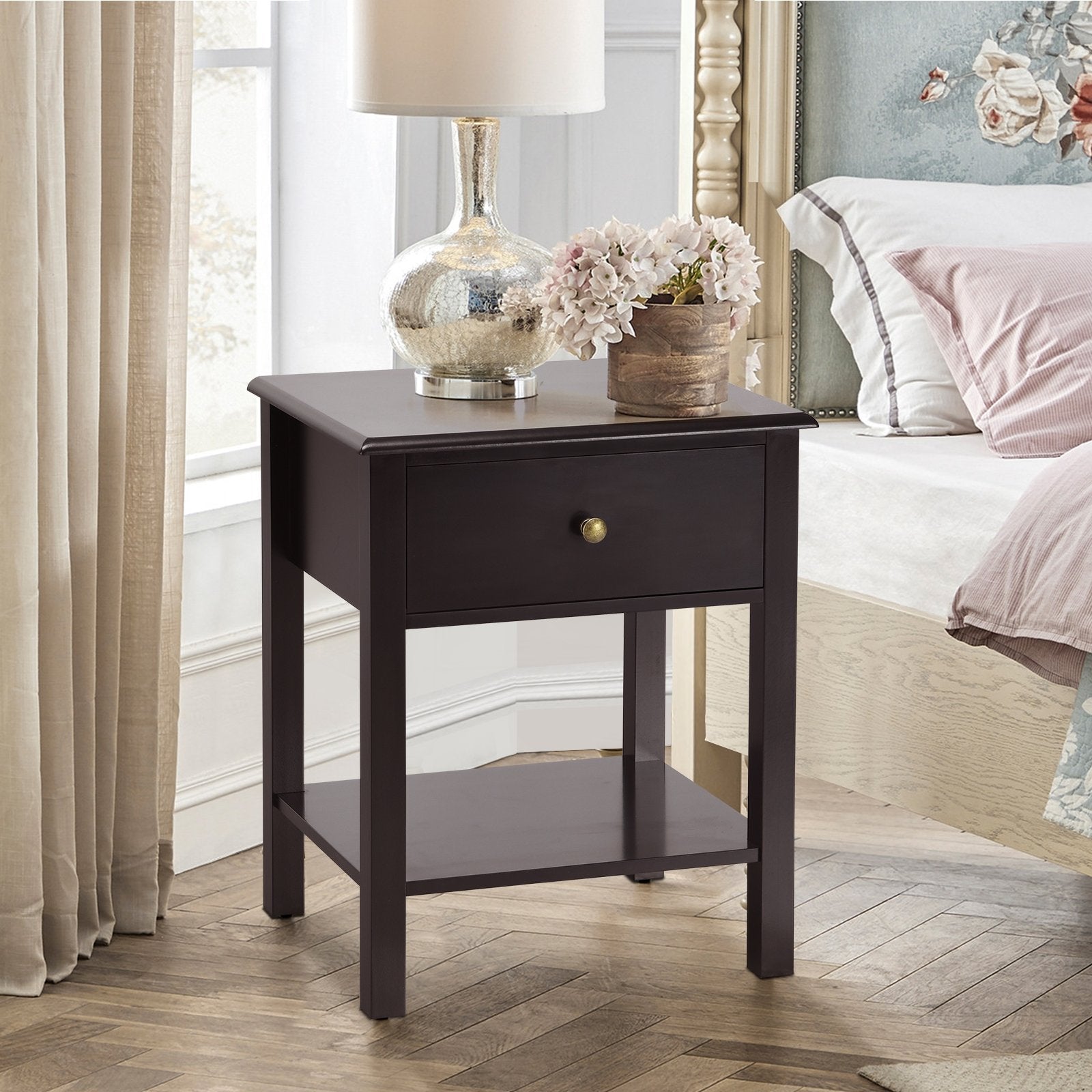 Nightstand End Table with Drawer and Shelf, Brown Nightstands   at Gallery Canada