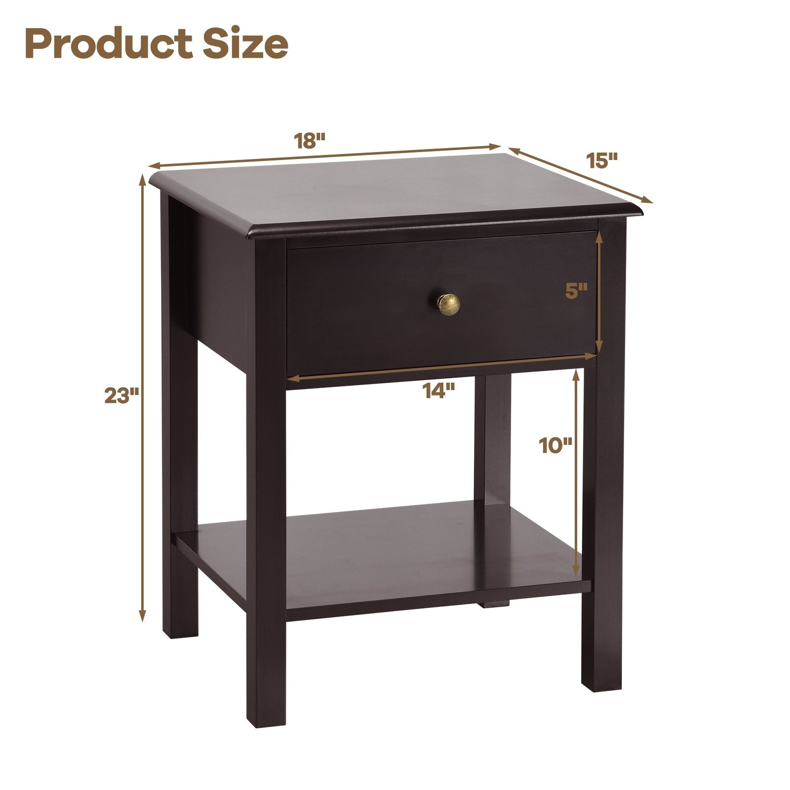 Nightstand End Table with Drawer and Shelf, Brown Nightstands   at Gallery Canada