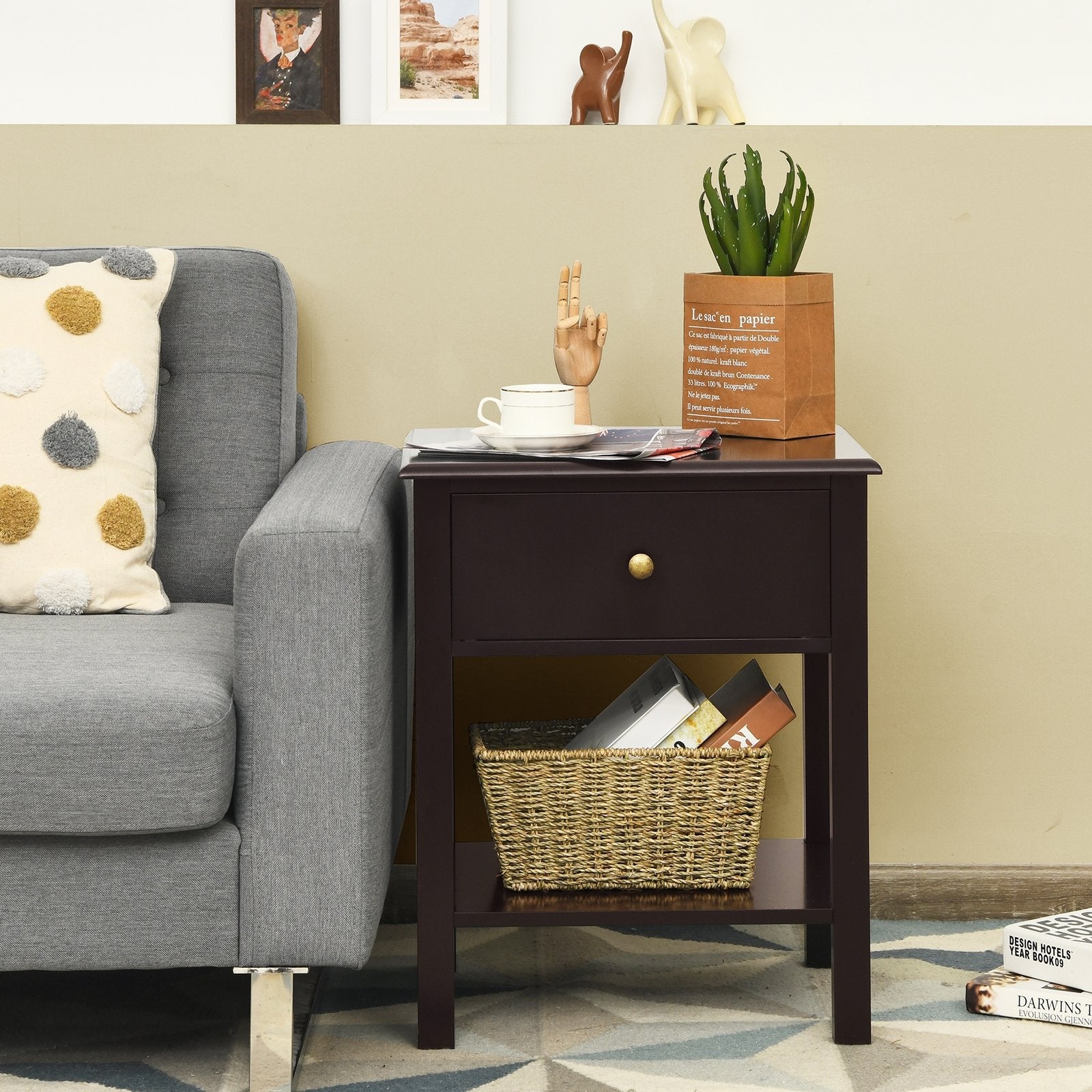 Nightstand End Table with Drawer and Shelf, Brown Nightstands   at Gallery Canada