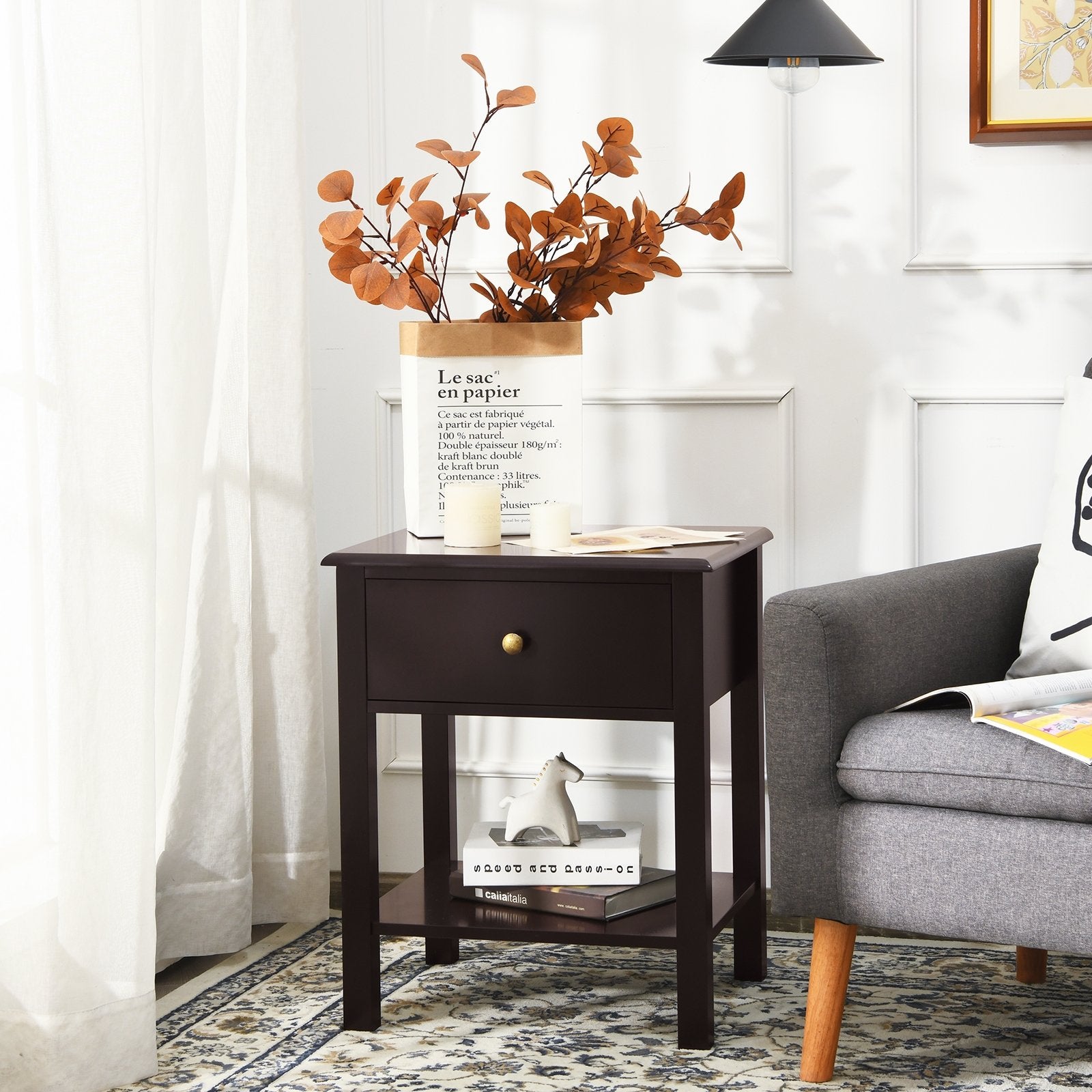 Nightstand End Table with Drawer and Shelf, Brown Nightstands   at Gallery Canada