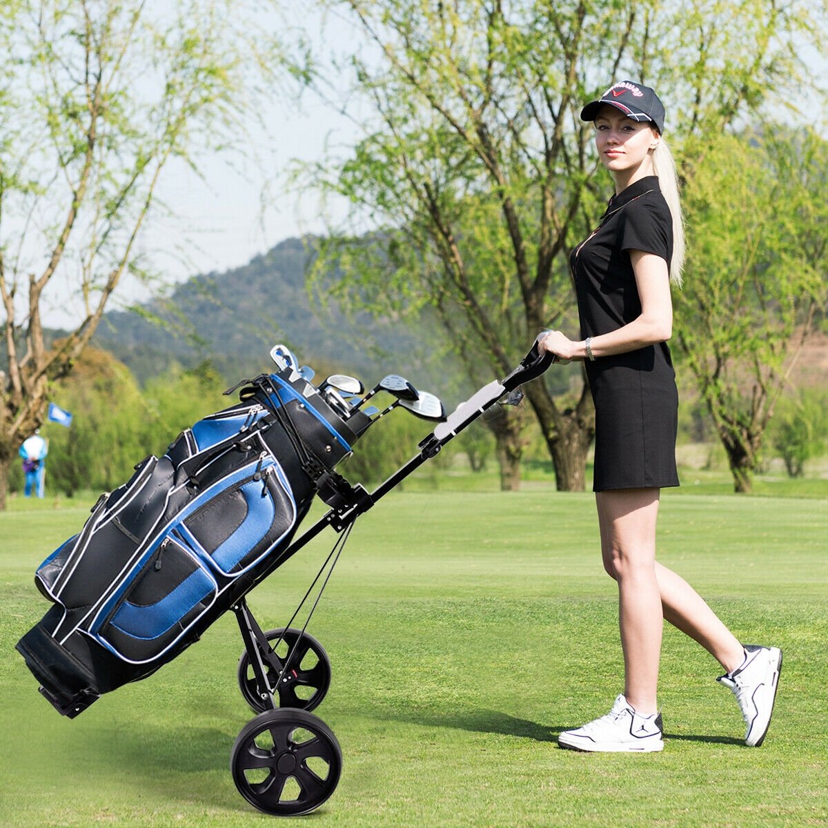 Folding 2 Wheels Push Pull Golf Cart Trolley with Scoreboard, Black Golf   at Gallery Canada