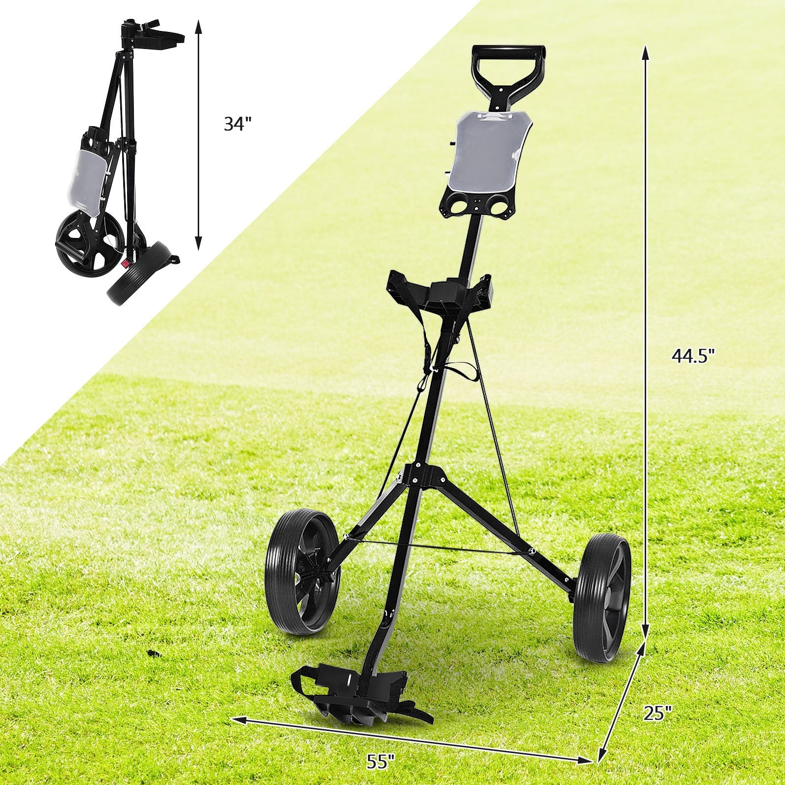 Folding 2 Wheels Push Pull Golf Cart Trolley with Scoreboard, Black Golf   at Gallery Canada