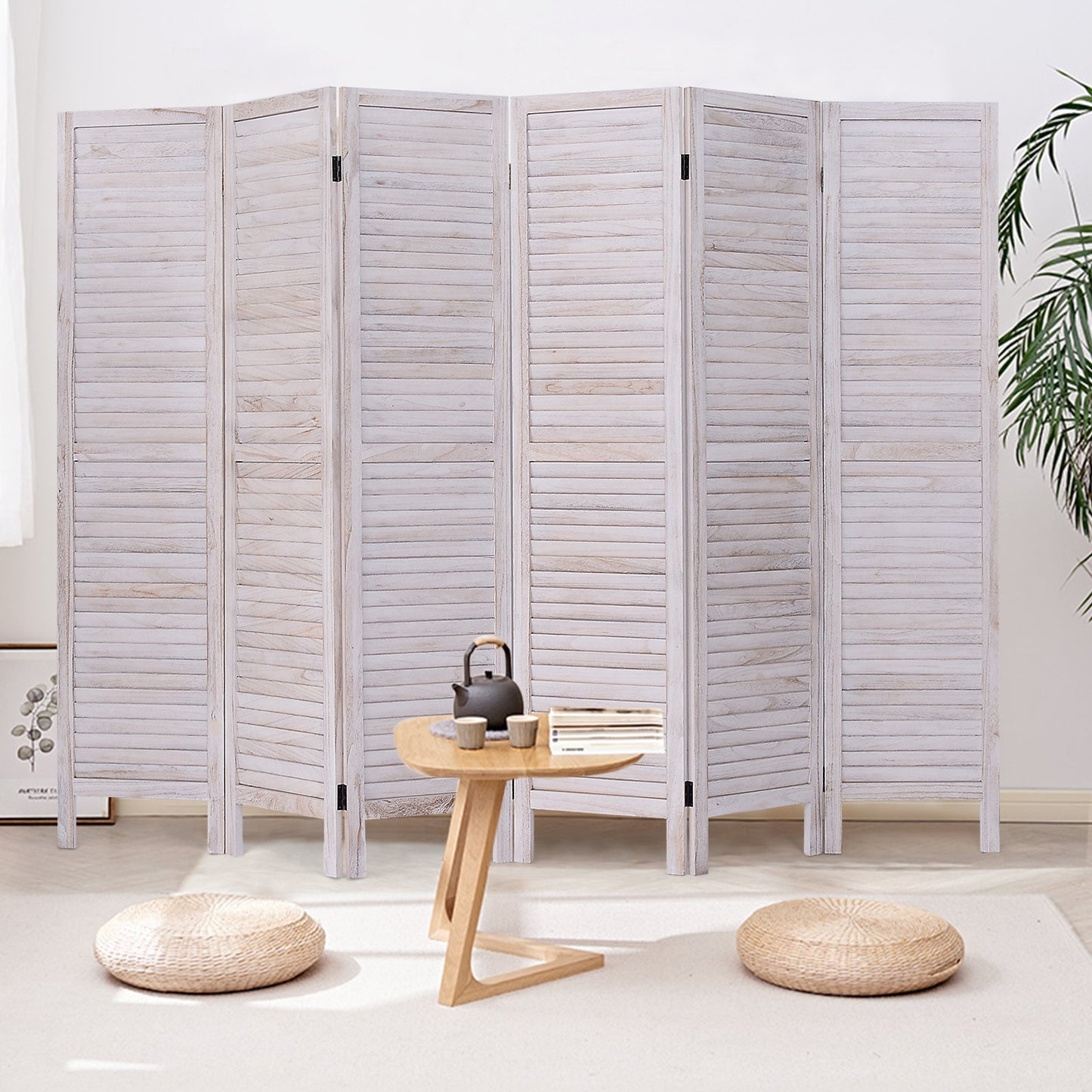 6 Panels Classic Venetian Wooden Slat Room Screen, White Room Dividers   at Gallery Canada