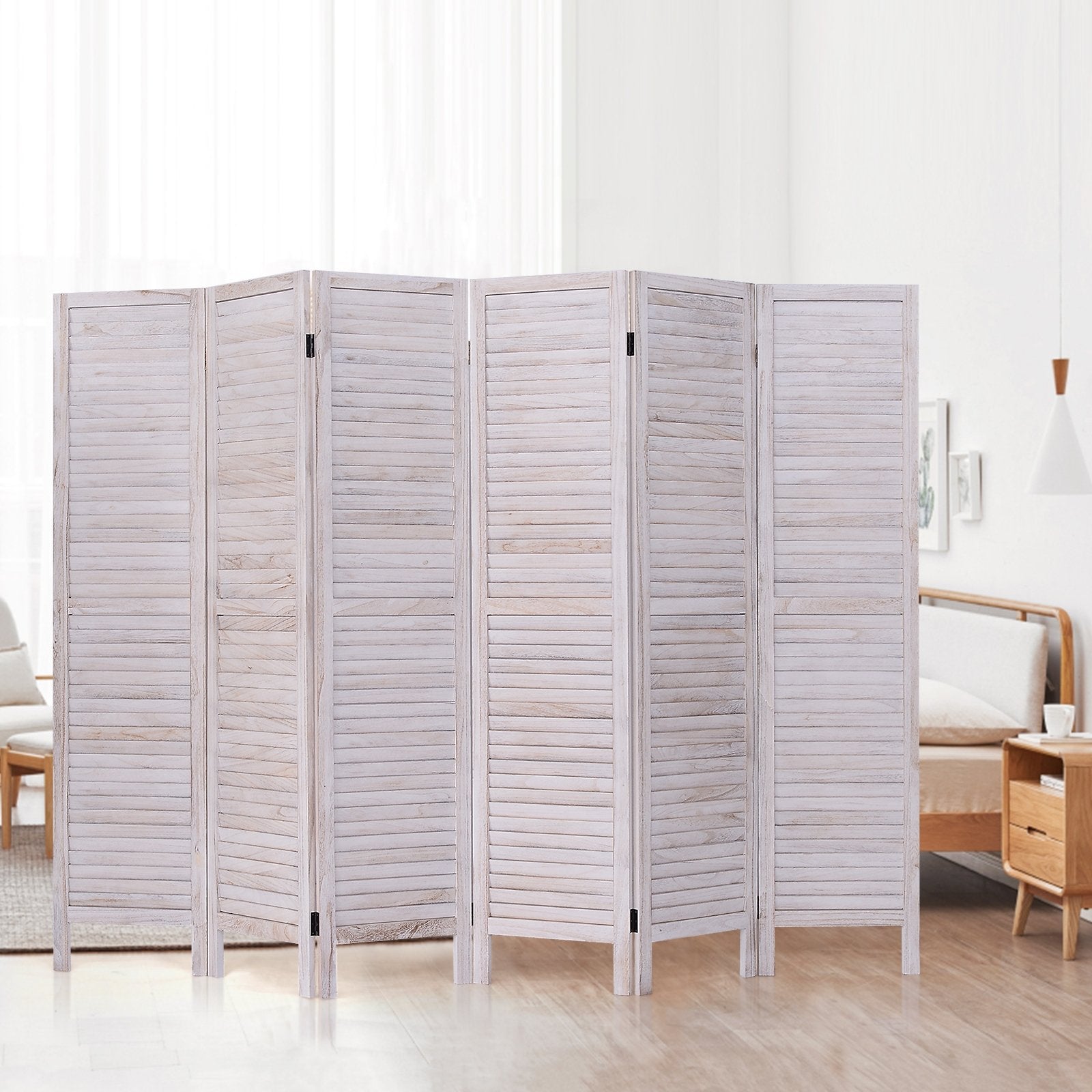 6 Panels Classic Venetian Wooden Slat Room Screen, White Room Dividers   at Gallery Canada