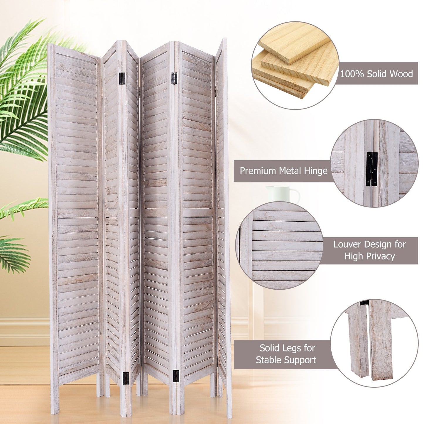 6 Panels Classic Venetian Wooden Slat Room Screen, White Room Dividers   at Gallery Canada
