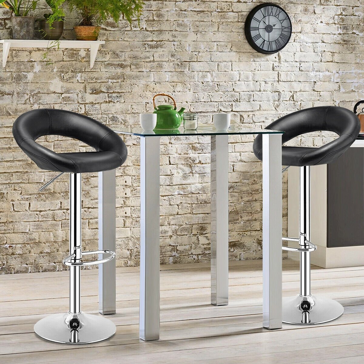 Set Of 2 Bar Stools Adjustable PU Leather Barstools Swivel Pub Chairs, Black Bar Stools   at Gallery Canada