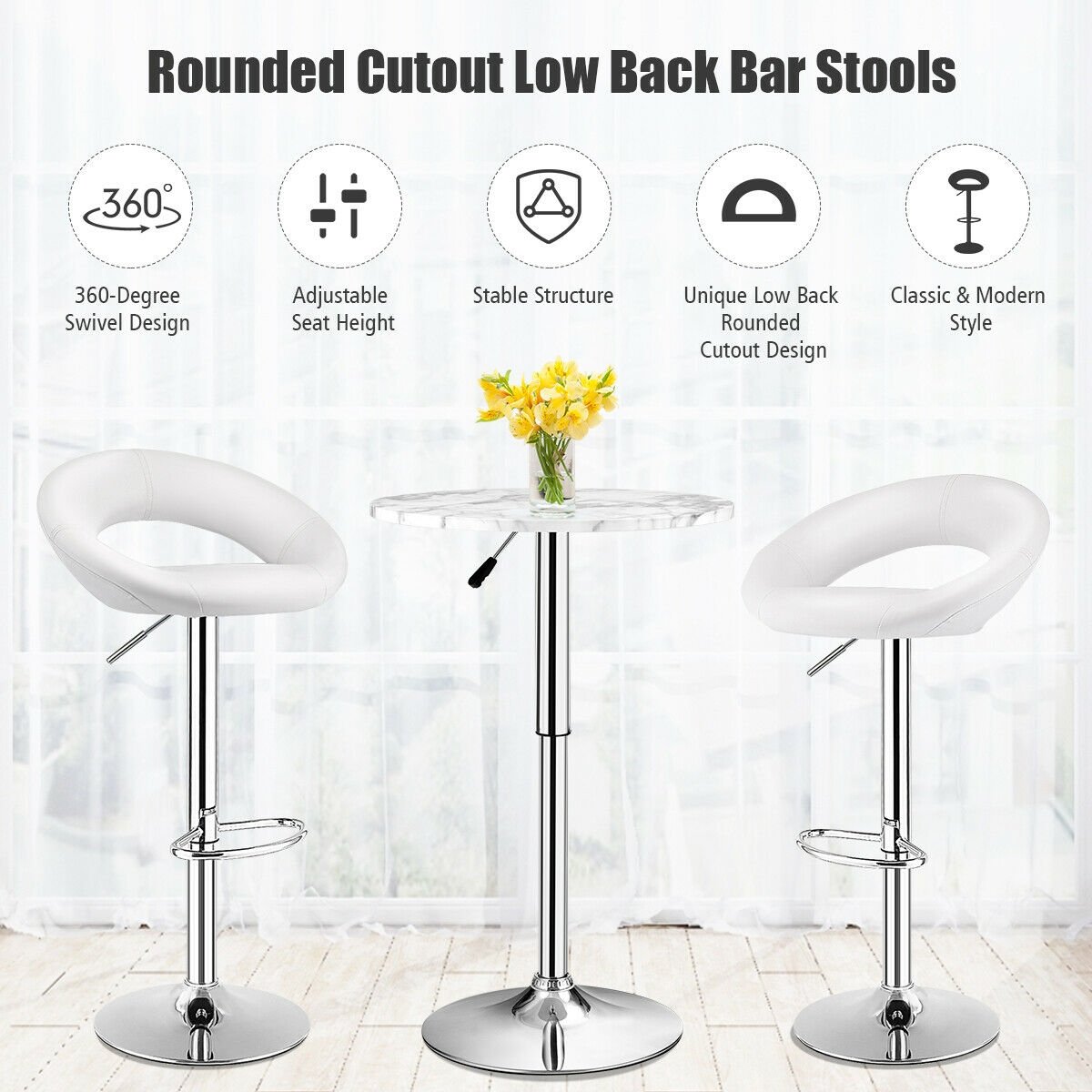 Set Of 2 Bar Stools Adjustable PU Leather Barstools Swivel Pub Chairs, White Bar Stools   at Gallery Canada