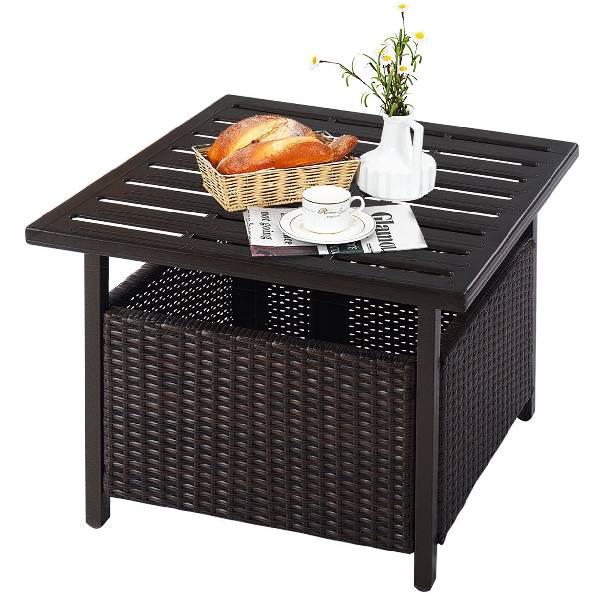 Outdoor Patio Rattan Wicker Steel Side Deck Table, Brown Patio Tables   at Gallery Canada