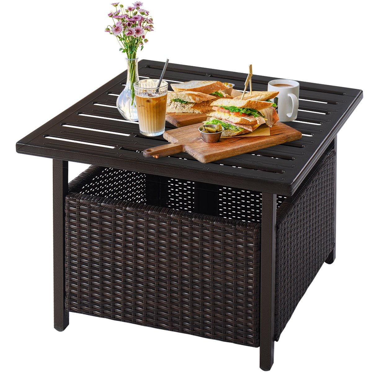 Outdoor Patio Rattan Wicker Steel Side Deck Table, Brown Patio Tables   at Gallery Canada