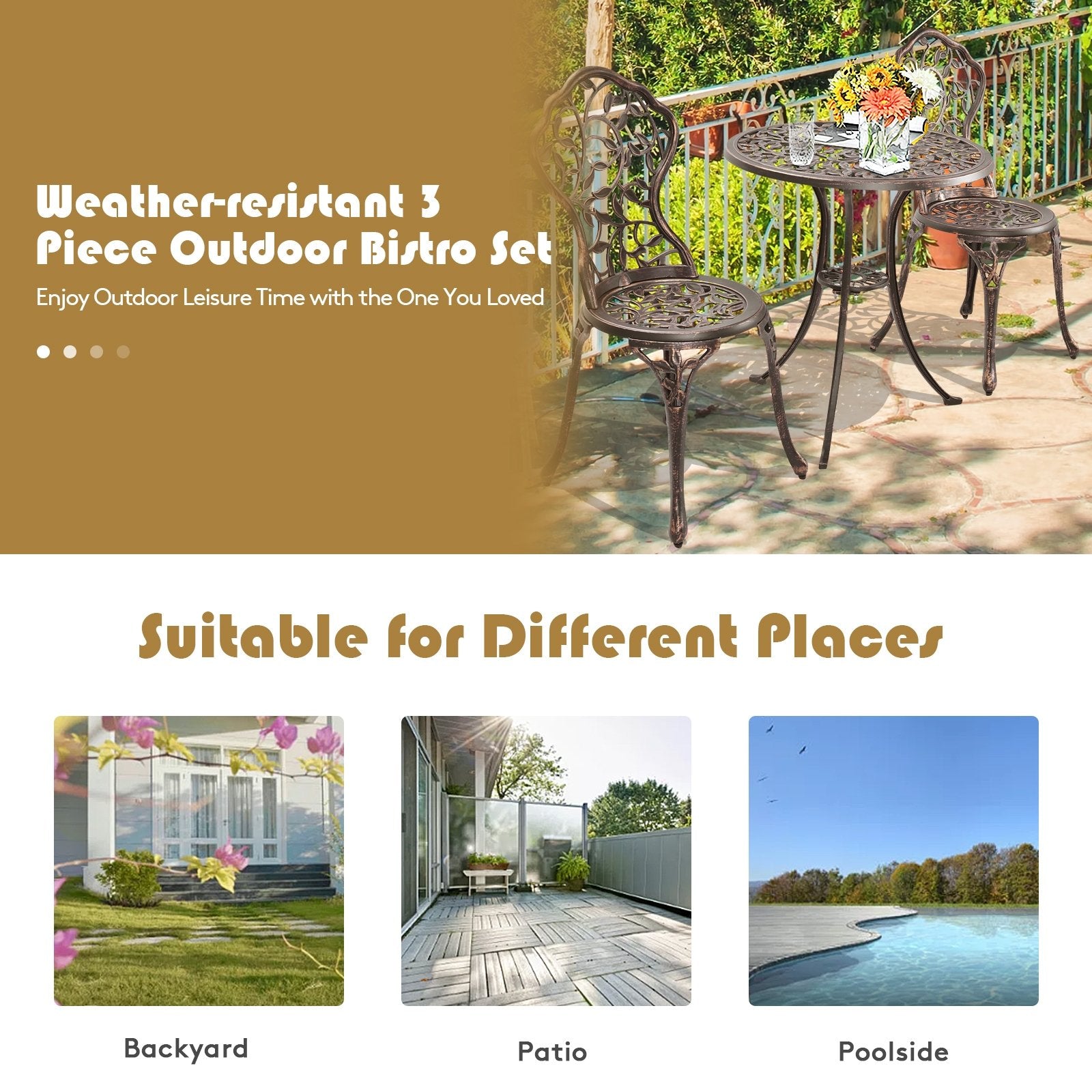 3 Pieces Cast Aluminum Bistro Set, Bronze Patio Conversation Sets at Gallery Canada