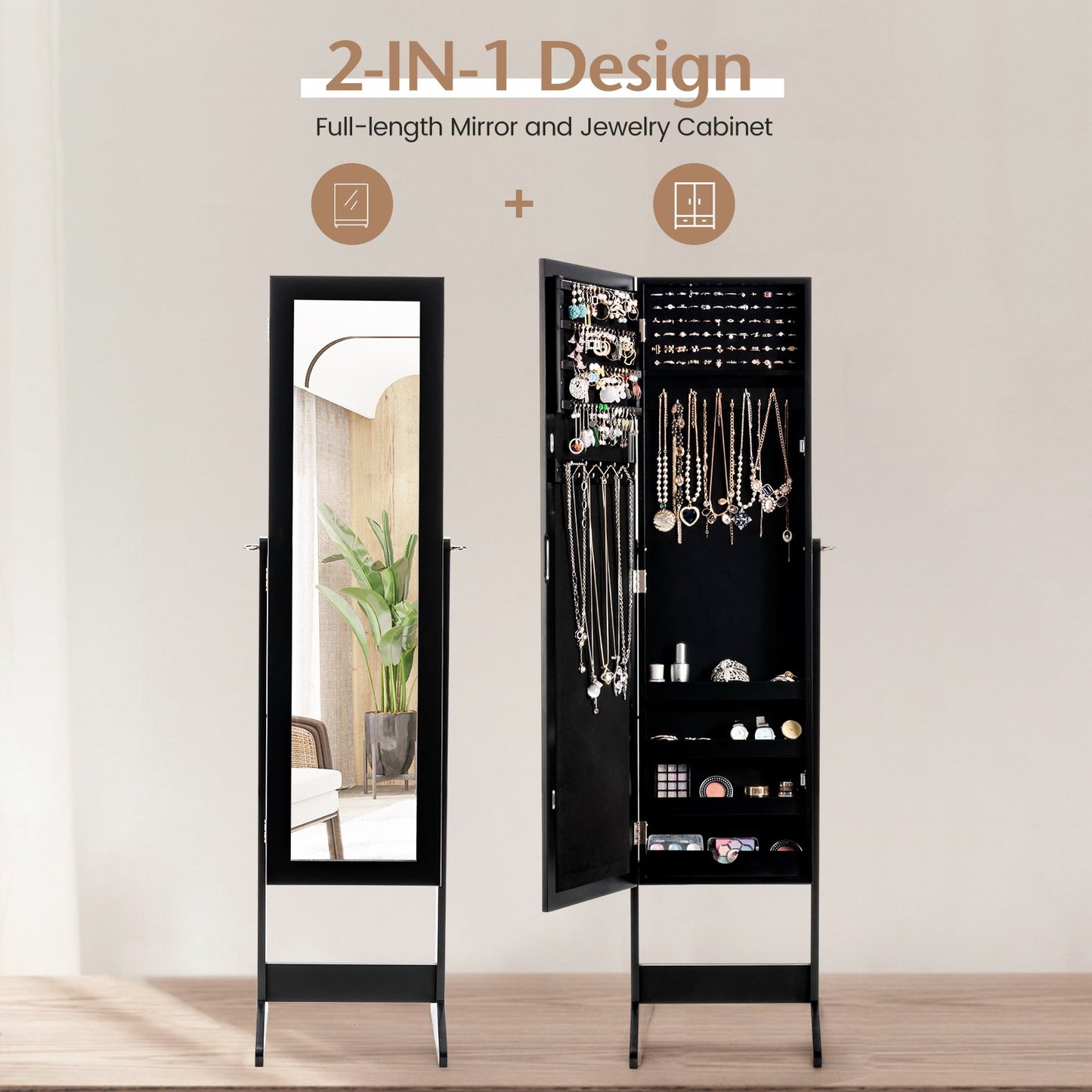 New Mirrored Jewelry Cabinet Armoire Mirror Organizer Storage Box Ring w/ Stand, Black Jewelry Armoires   at Gallery Canada