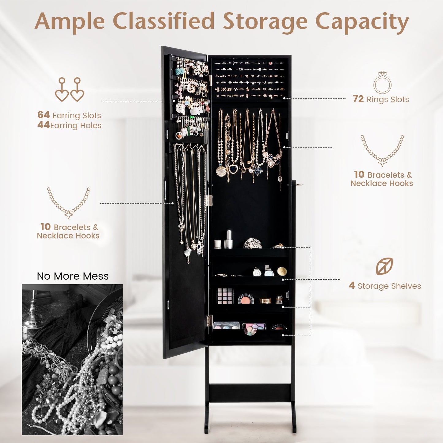 New Mirrored Jewelry Cabinet Armoire Mirror Organizer Storage Box Ring w/ Stand, Black - Gallery Canada