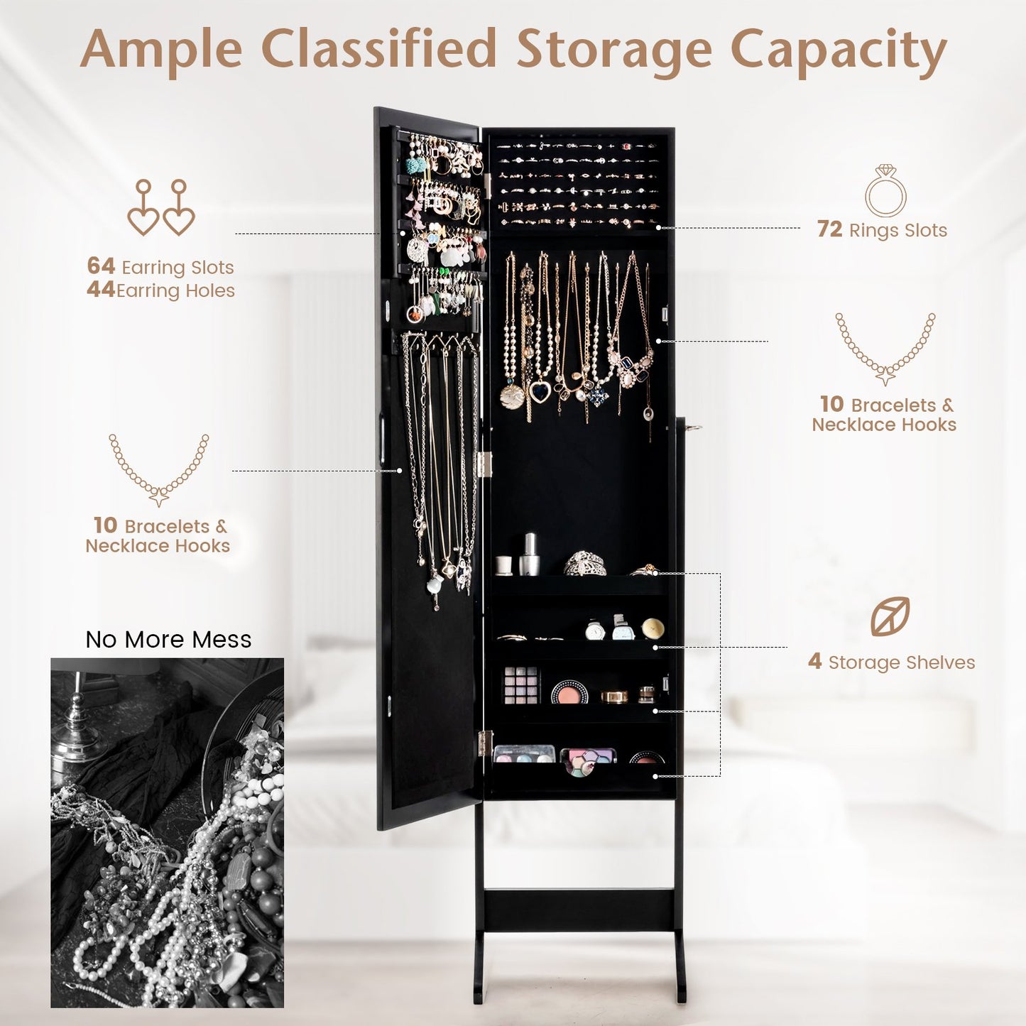 New Mirrored Jewelry Cabinet Armoire Mirror Organizer Storage Box Ring w/ Stand, Black Jewelry Armoires   at Gallery Canada