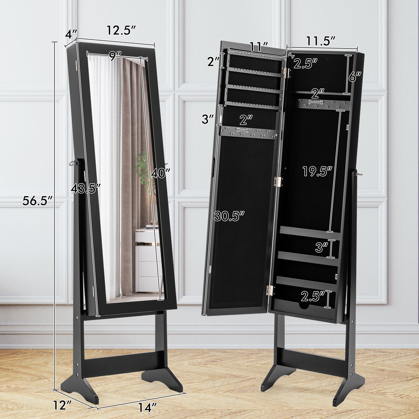 New Mirrored Jewelry Cabinet Armoire Mirror Organizer Storage Box Ring w/ Stand, Black - Gallery Canada