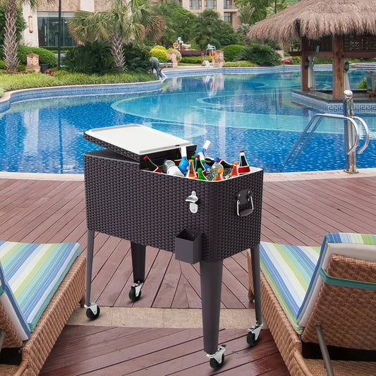 80QT Outdoor Party Portable Rattan Rolling Cooler Cart, Brown Patio Bar Furniture Brown  at Gallery Canada