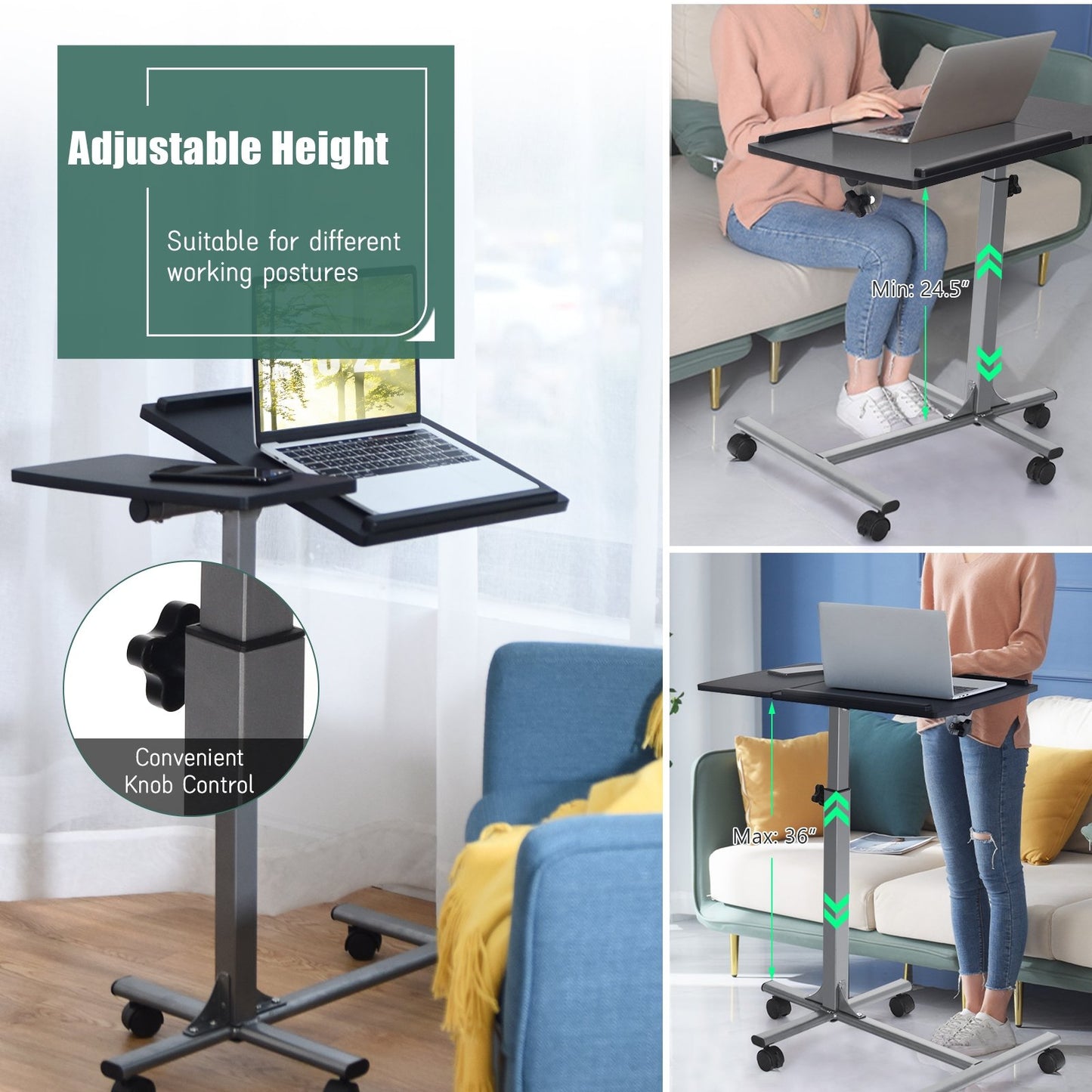 Adjustable Angle Height Rolling Laptop Table, Black - Gallery Canada