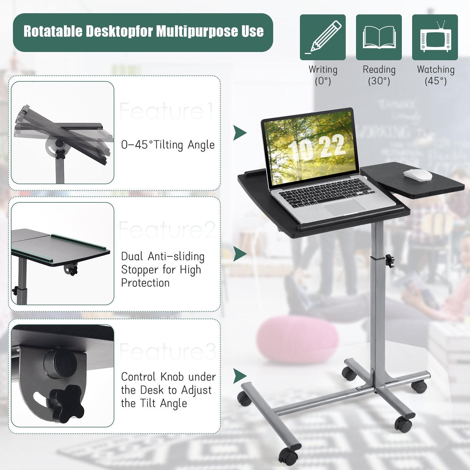 Adjustable Angle Height Rolling Laptop Table, Black Laptop Tables & Printer Stands   at Gallery Canada