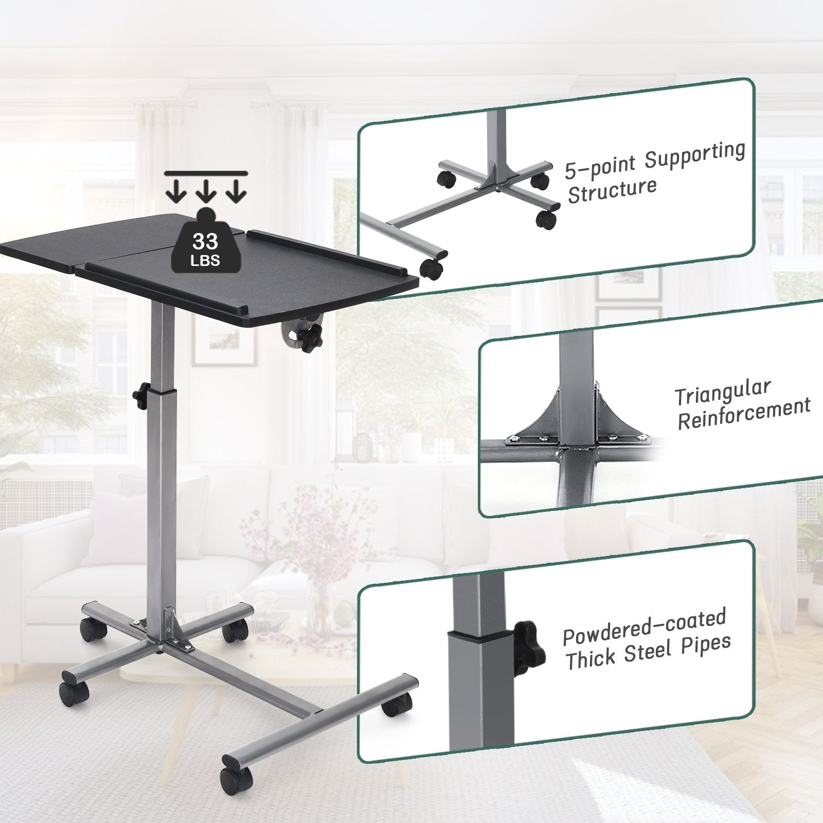 Adjustable Angle Height Rolling Laptop Table, Black Laptop Tables & Printer Stands   at Gallery Canada