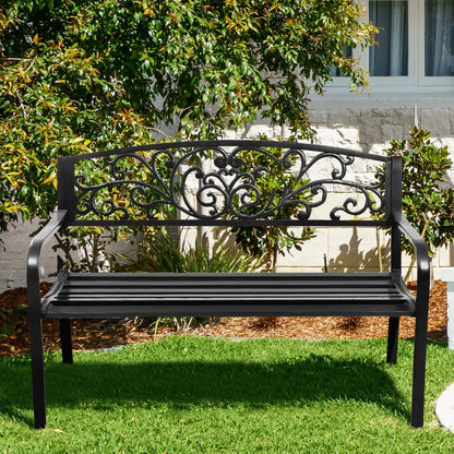 50 Inch Patio Park Steel Frame Cast Iron Backrest Bench Porch Chair, Black Outdoor Benches   at Gallery Canada