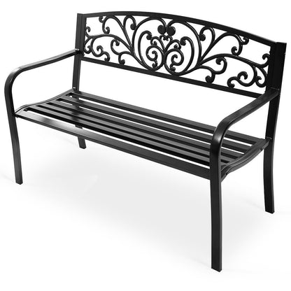 50 Inch Patio Park Steel Frame Cast Iron Backrest Bench Porch Chair, Black Outdoor Benches   at Gallery Canada