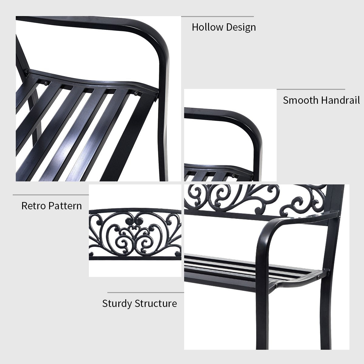 50 Inch Patio Park Steel Frame Cast Iron Backrest Bench Porch Chair, Black Outdoor Benches   at Gallery Canada