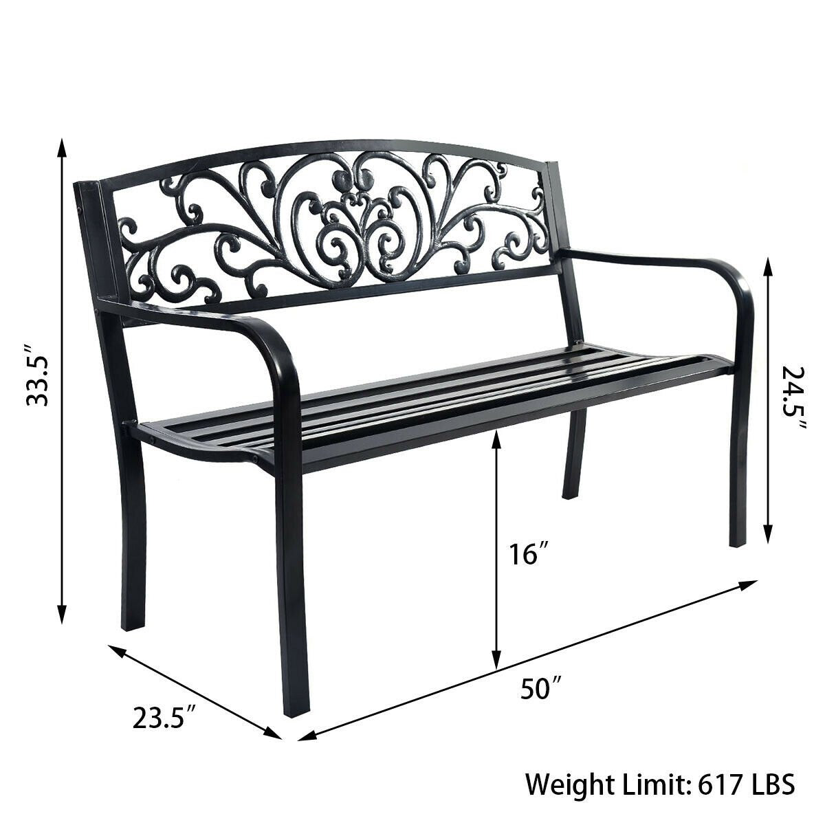 50 Inch Patio Park Steel Frame Cast Iron Backrest Bench Porch Chair, Black Outdoor Benches   at Gallery Canada