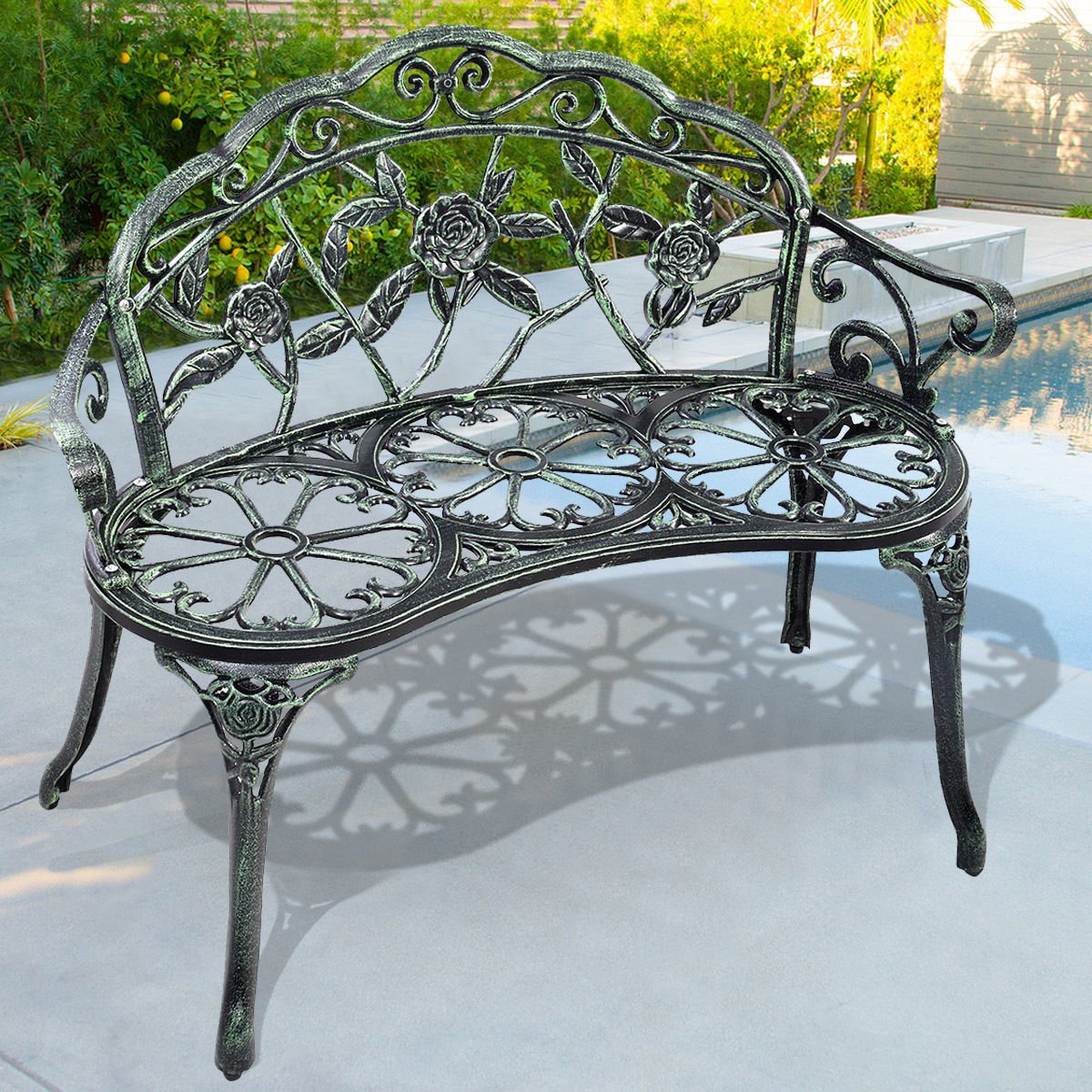 Outdoor Cast Aluminum Patio Bench Antique Rose, Green Outdoor Benches   at Gallery Canada