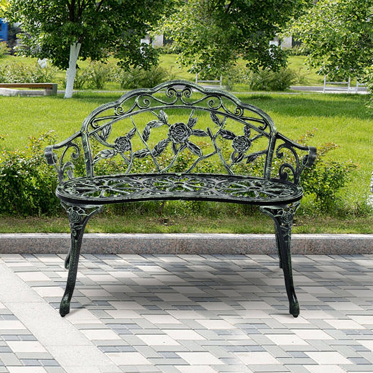 Outdoor Cast Aluminum Patio Bench Antique Rose, Green Outdoor Benches   at Gallery Canada