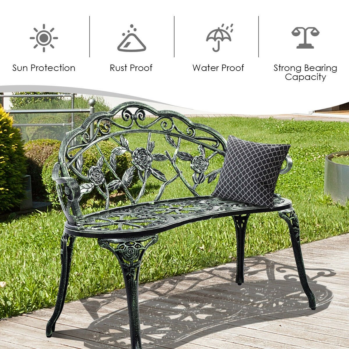 Outdoor Cast Aluminum Patio Bench Antique Rose, Green Outdoor Benches   at Gallery Canada