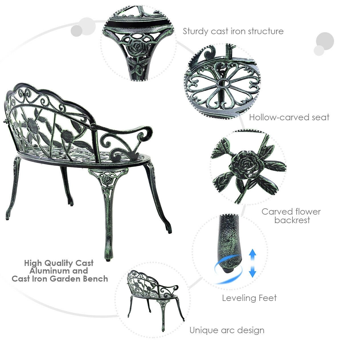 Outdoor Cast Aluminum Patio Bench Antique Rose, Green Outdoor Benches   at Gallery Canada