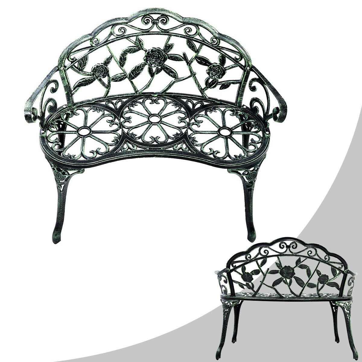 Outdoor Cast Aluminum Patio Bench Antique Rose, Green Outdoor Benches   at Gallery Canada