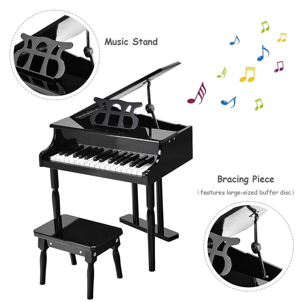 Musical Instrument Toy 30-Key Children Mini Grand Piano with Bench, Black Pianos & Keyboards   at Gallery Canada