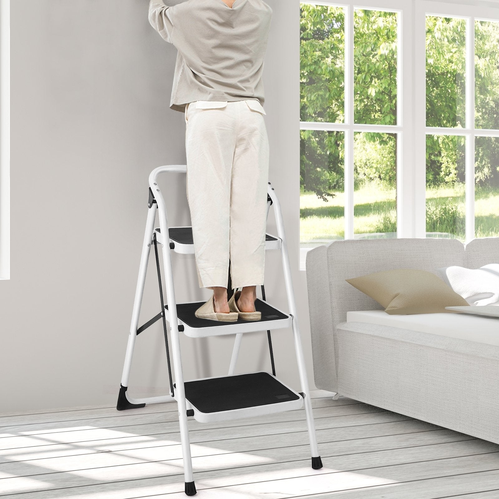 Folding 3-Step Ladder with Handgrip and Anti-Slip Platform, White Ladders   at Gallery Canada