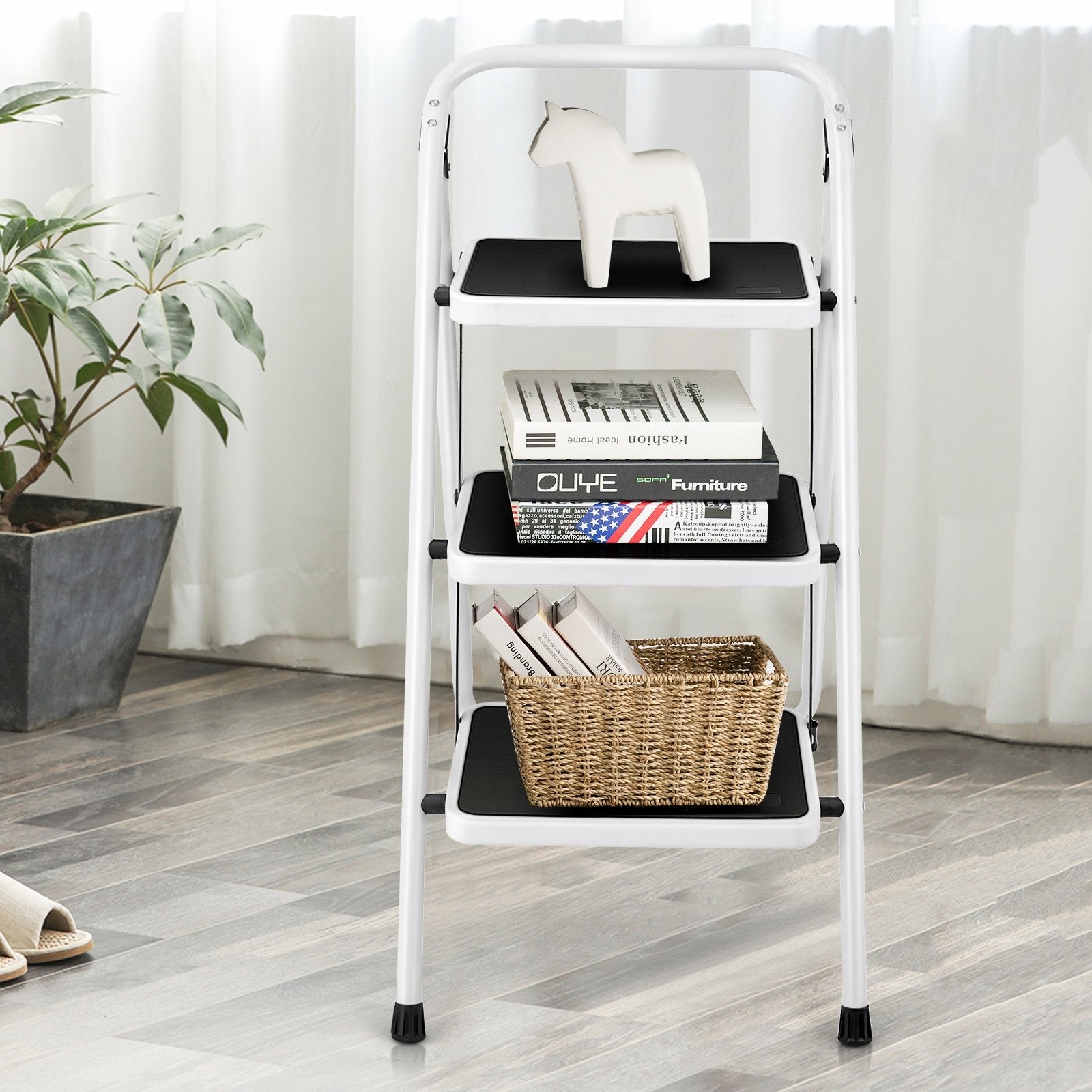 Folding 3-Step Ladder with Handgrip and Anti-Slip Platform, White Ladders   at Gallery Canada