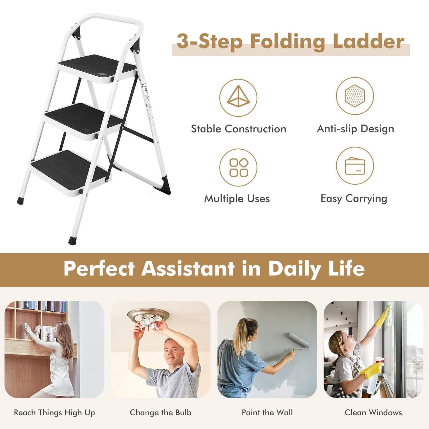 Folding 3-Step Ladder with Handgrip and Anti-Slip Platform, White Ladders   at Gallery Canada