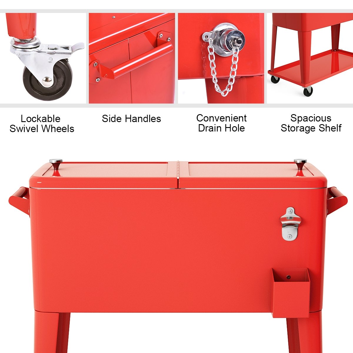 80 Quart Outdoor Patio Rolling Steel Construction Cooler, Red Patio Bar Furniture   at Gallery Canada