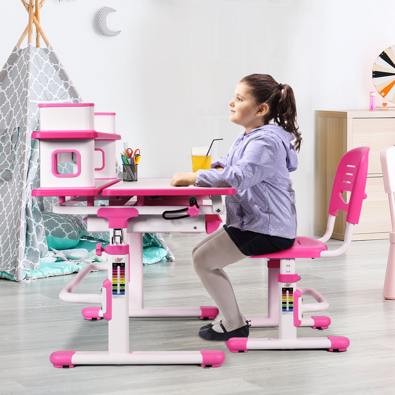 Adjustable Kids Desk and Chair Set with Bookshelf and Tilted Desktop, Pink - Gallery Canada