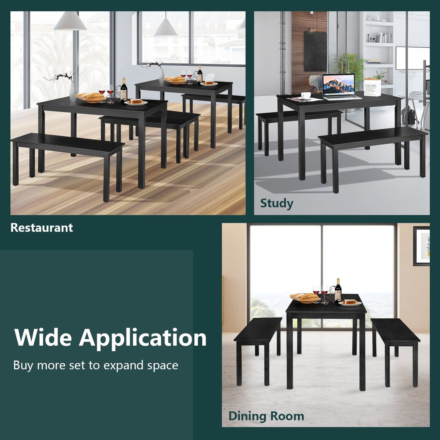 3 Pieces Modern Studio Collection Table Dining Set, Black - Gallery Canada