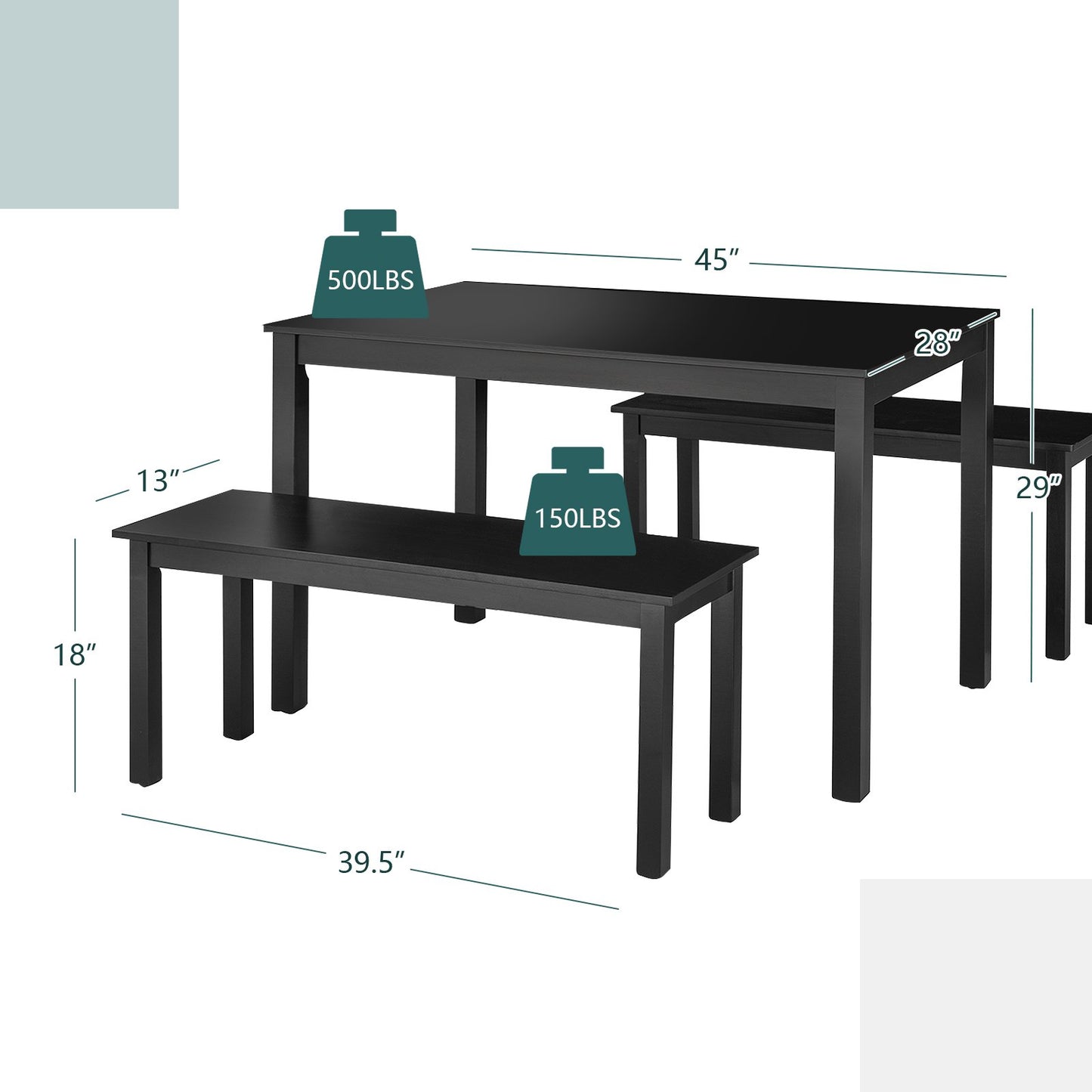 3 Pieces Modern Studio Collection Table Dining Set, Black - Gallery Canada