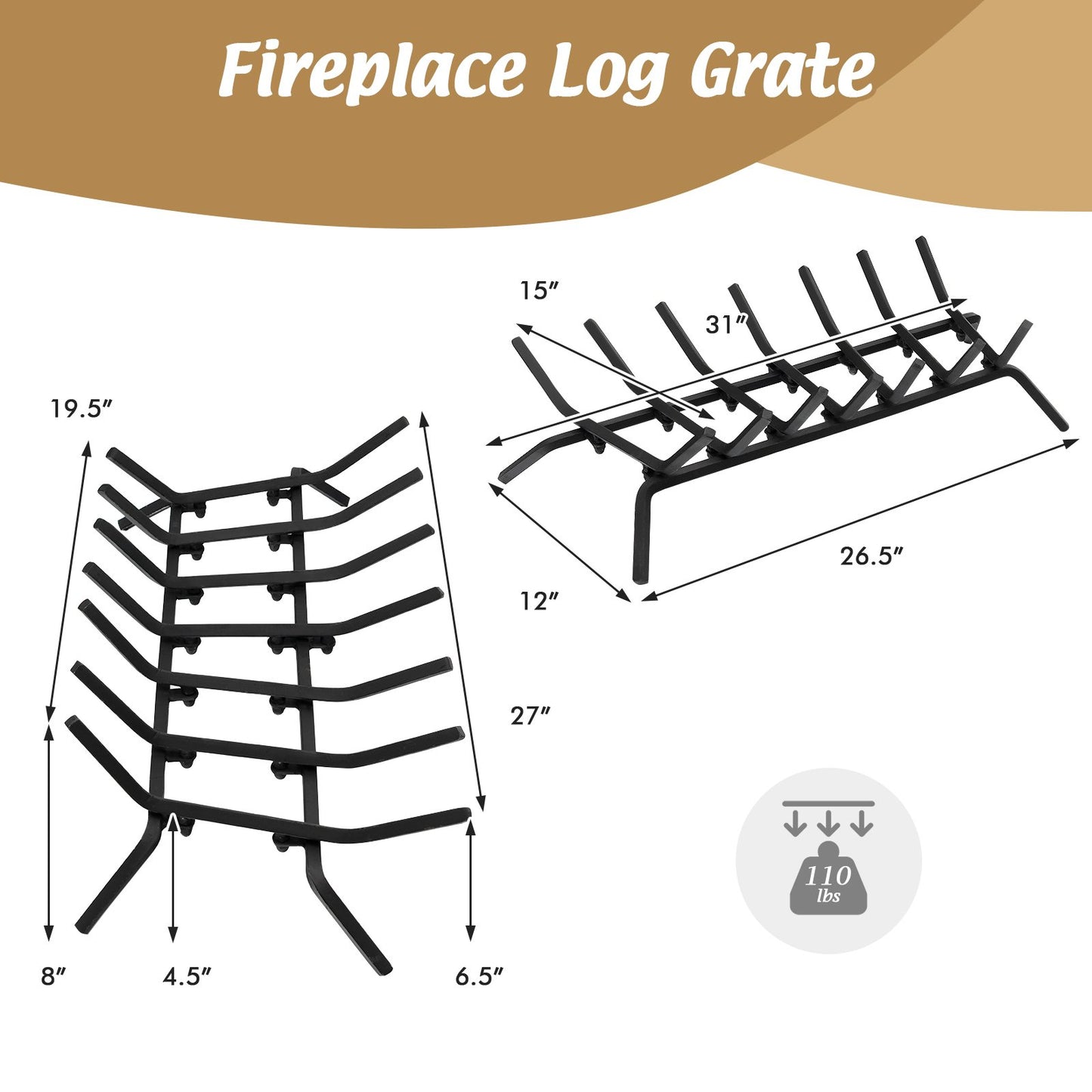 31/25/18 Inch Fireplace Grate for Outdoor Fire Pit-L, Black Fireplace Tools   at Gallery Canada